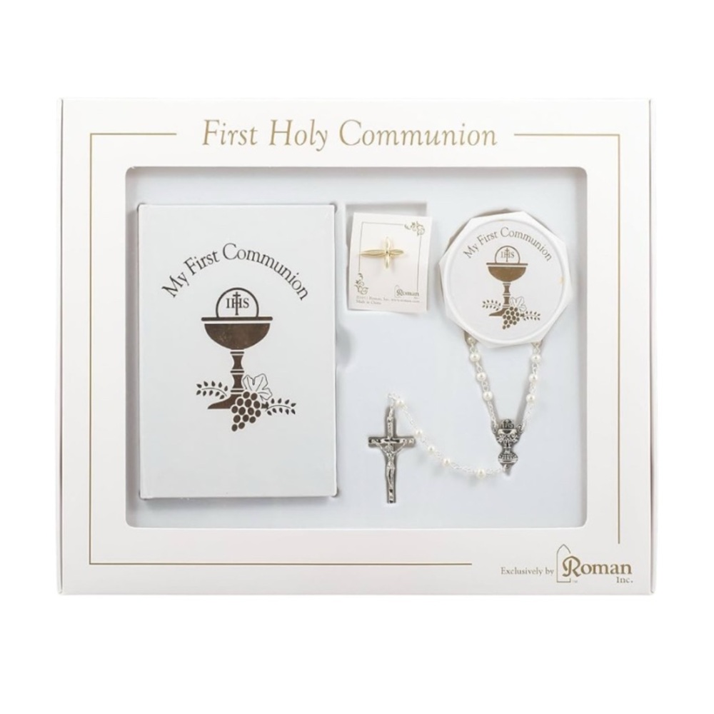 NWT Girls First Holy Communion Kit — White & Gold Set (Book Pin & Rosary)